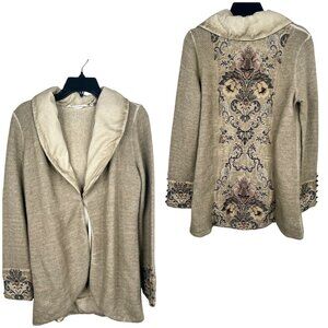 Soft Surroundings Embroidered Open Front Jacket Coat Size S Beige Linen Blend